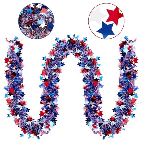 50ft 4th of July Patriotic Star Garland - Red White Blue Metallic Tinsel