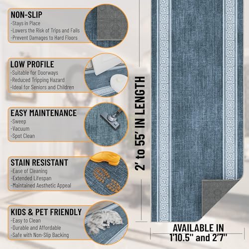 Washable 2x8 Hallway Runner Rug with Non-Slip Backing - Greek Border