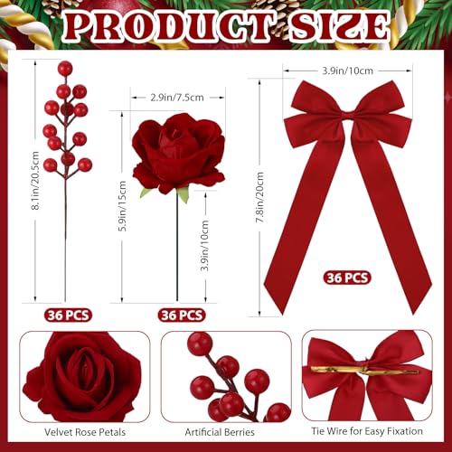 Christmas Rose Ornaments Set - 36 Velvet Roses, Berries & Bows for Holiday Tree Decorations