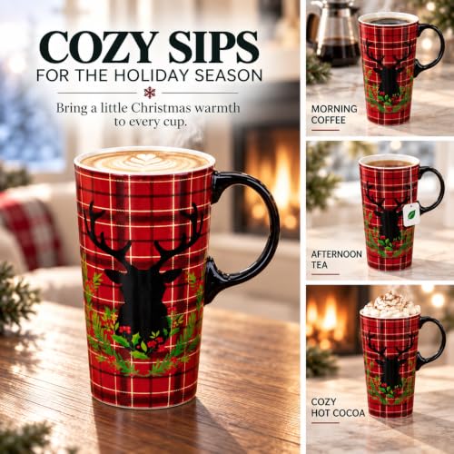 Topadorn Christmas Plaid Deer Ceramic Coffee Mug with Lid, 17oz Travel Cup