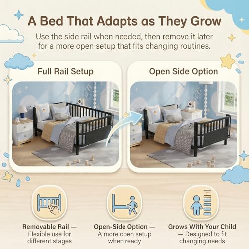 Twin Kids Bed Frame with Removable Safety Rails, Low Profile Montessori Bed