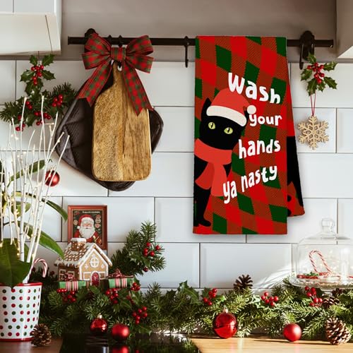Christmas Black Cat Santa Hat Kitchen Towels - Red & Green Checkered Hand Towels, 16x24in, Gift for Cat Lovers