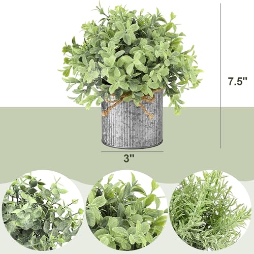 3 Pack Small Artificial Potted Plants in Galvanized Metal Pots, Rustic Decor
