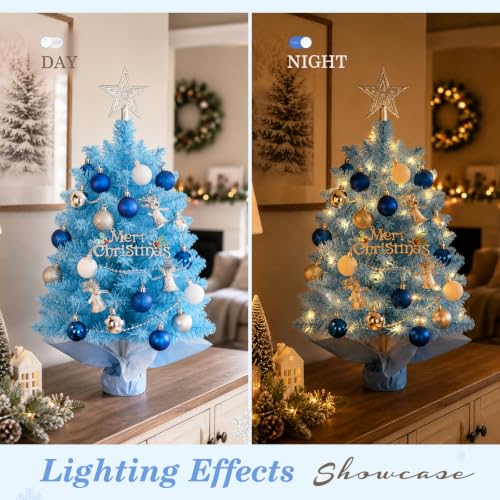 Blue Mini Christmas Tree with Lights - 2 Ft Tabletop Holiday Decor, HOMDAILY