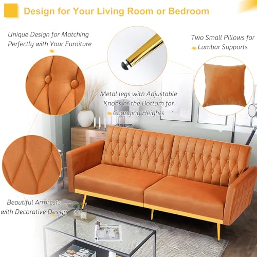 70-Inch Velvet Convertible Futon Sofa Bed with Adjustable Armrests