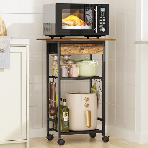 4-Tier Microwave Cart with Adjustable Shelf and Rolling Storage Drawer