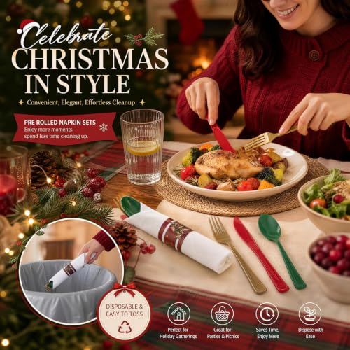 Christmas Silverware and Napkin Set - 100 Pack Wrapped Plastic Cutlery with Napkins
