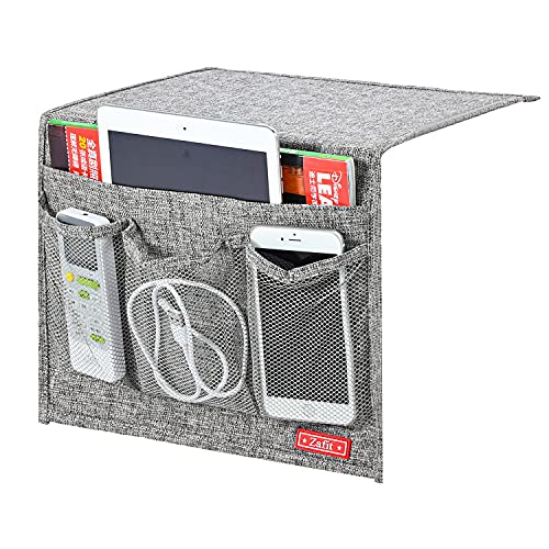 Linen Bedside Caddy Storage Organizer with 4 Pockets - Classic Grey