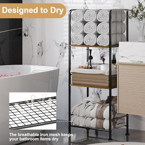 3-Tier Freestanding Bathroom Towel Rack Stand with Rustic Wood Shelf