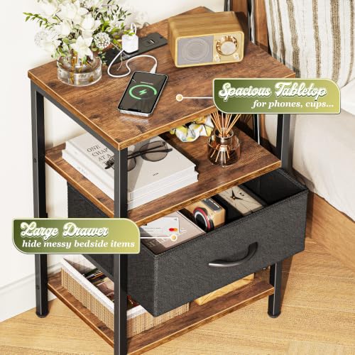 3-Tier Nightstand with Charging Station & Adjustable Fabric Drawer