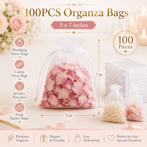 100pcs White Organza Drawstring Gift Bags 5x7 Inch Mesh Pouches