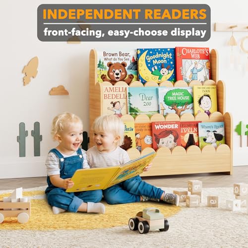 3-Tier Wooden Montessori Bookshelf for Toddlers - Scalloped Kids Bookcase