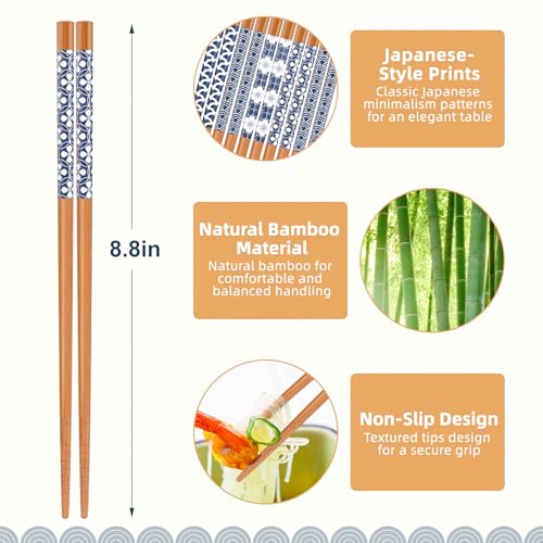 5 Pairs Natural Bamboo Chopsticks, Reusable Japanese Style Gift Set