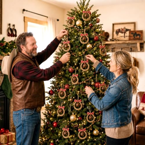 Hollowfly 12 Pcs Western Christmas Bell Ornaments Set with Hemp Loops