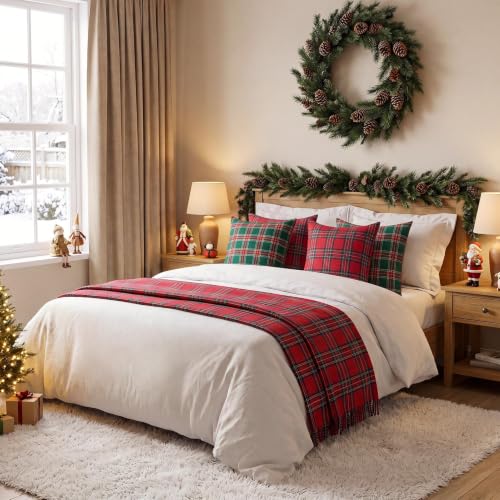 Softalker Christmas Plaid Throw Pillow Covers Set of 4, 18x18 Inch, Green