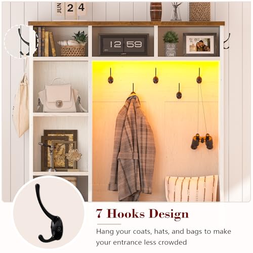 Farmhouse Hall Tree with LED Lights, Entryway Bench with Coat Hooks & Storage
