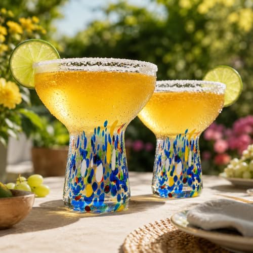 Confetti Stemless Margarita Glasses Set of 4 - Hand Blown Colorful Drinkware, Cocktail & Wine Glasses, Mexican Celebration