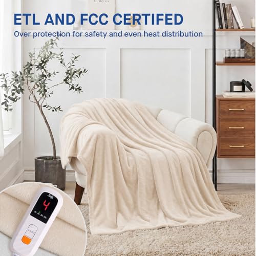 Electric Heated Blanket Throw 50x60 - 6 Heat Levels, Beige