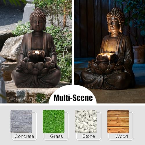 Meditating Buddha Garden Fountain with LED Light, 28-inch Polyresin Statue