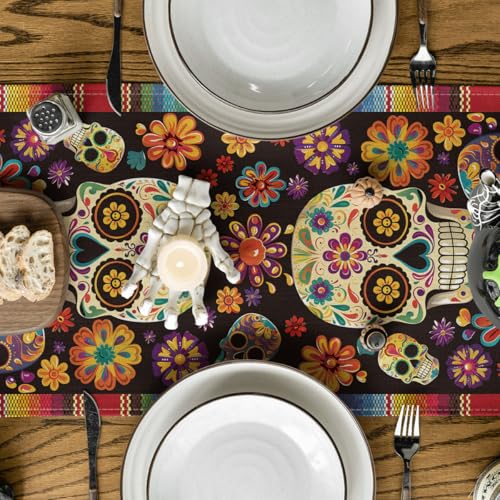 Flowers Sugar Skull Mexican Day of The Dead Table Runner 13 x 120 Inches - Red & Blue Variation
