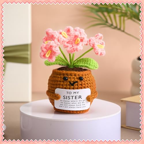 Handmade Crochet Pink Myosotis Flower Doll with Heartfelt Sister Gift Card