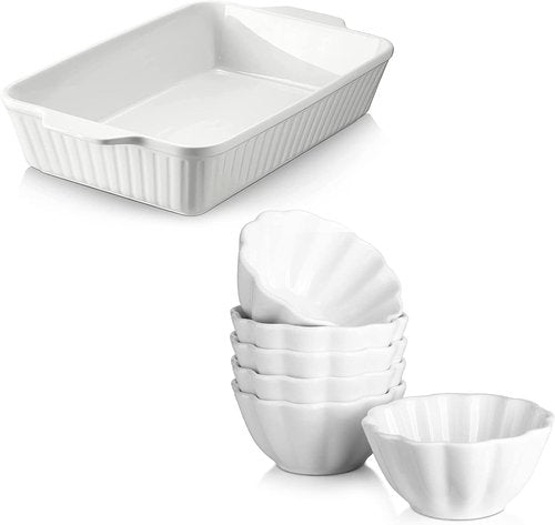 DOWAN Ramekins - 4 oz Flower-Shaped Porcelain Baking Cups | Set of 6 Oven Safe White Custard Bowls