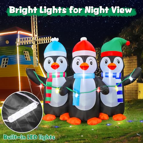 FunFanso 6 FT Christmas Inflatable Penguin Decoration with LED Lights – 3-Penguin Set