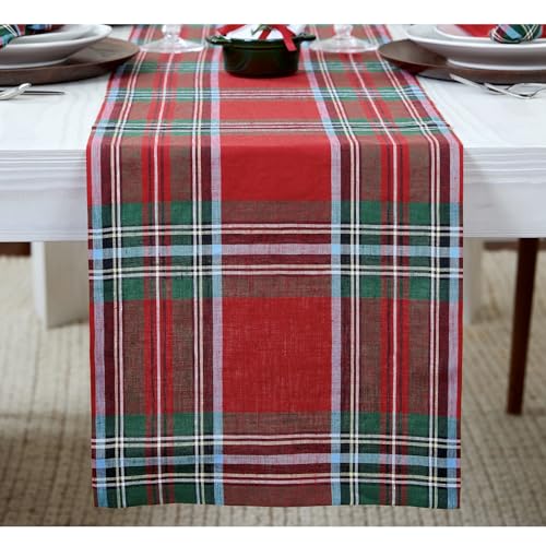 Solino Home Red Madras Linen Table Runner 14 x 72 Inch - Premium Pure Fabric