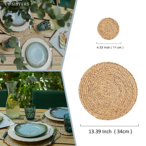 Round Woven Water Hyacinth Placemats, 13.5-Inch Braided Table Mats, Set of 6