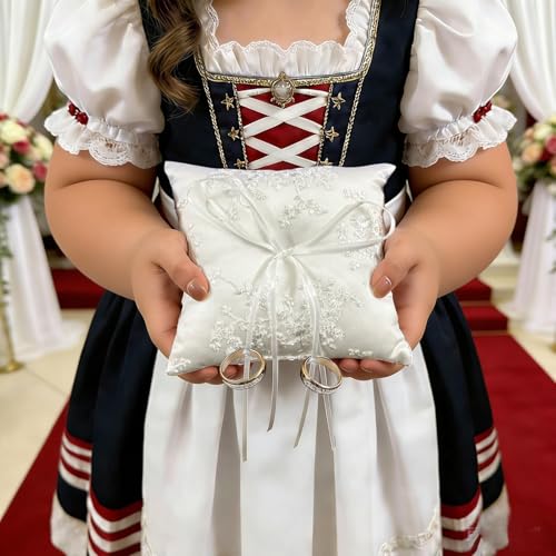 White Satin Ring Bearer Pillow with Floral Lace and Ribbon Bow, 6x6 Inch