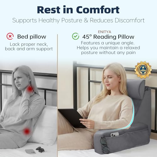 ENITYA 19-Inch Reading Pillow with Arm Rests & Pockets for Sitting Up