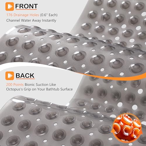 Extra Long Non-Slip Bathtub Mat 40 x 16 Inch with Suction Cups and Drain Holes