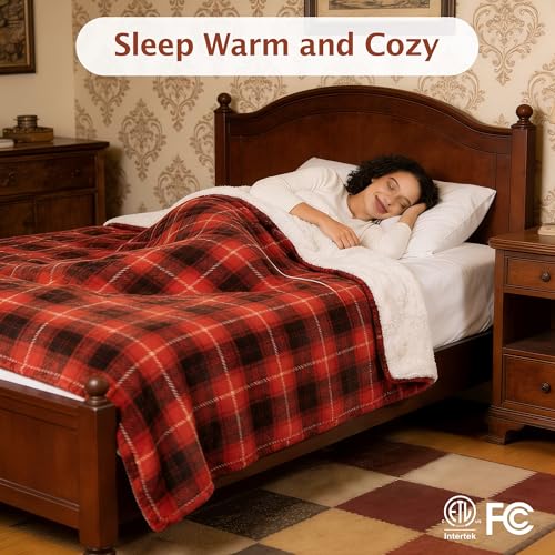 Electric Heated Blanket, Red Sherpa Plaid Throw, 8 Heat Levels