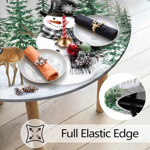 Kamoor 48" Round Elastic Christmas Tablecloth – Fitted Waterproof Snowman / Evergreen Pattern