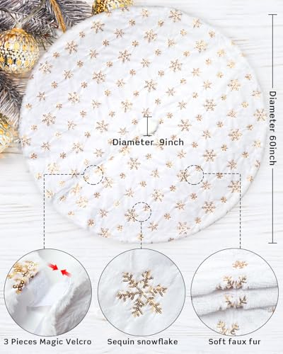 White Faux Fur Christmas Tree Skirt with Gold Sequin Snowflakes - 60 Inch
