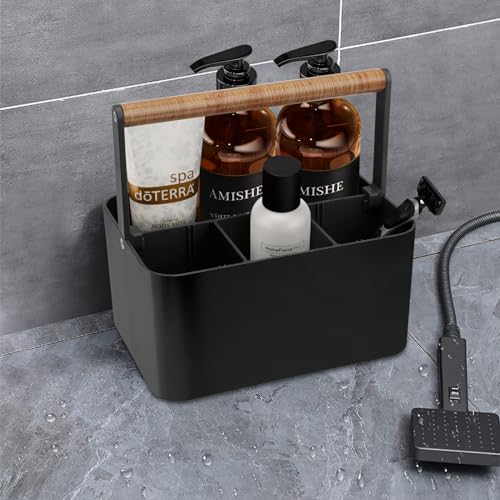 Portable Shower Caddy with Handle and Adjustable Dividers, Black