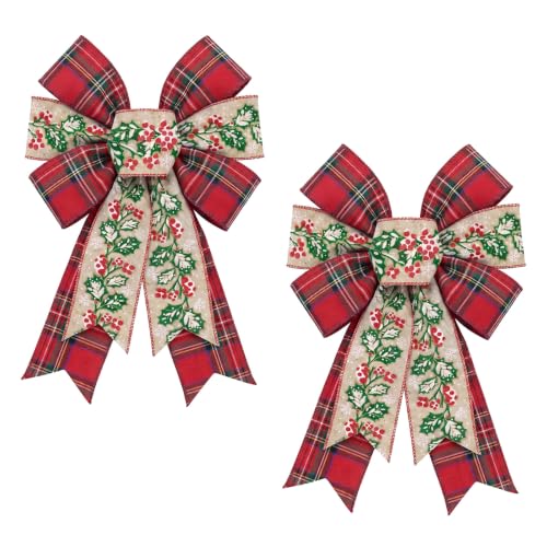 2-Pack Red Green Plaid Christmas Wreath Bows for Front Door Decor