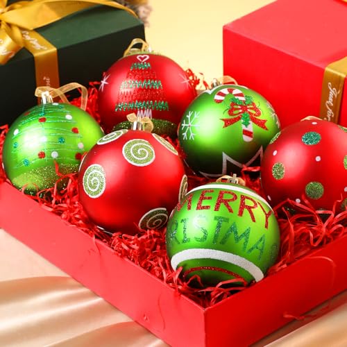 Lanpn 6 Pack 4-Inch Large Outdoor Christmas Ornaments - Red & Green Glitter Ball Decorations for Lawn & Holiday Parties (Style A, 6 pcs)