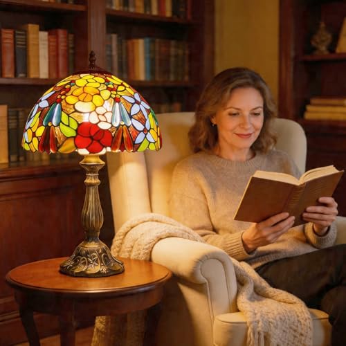 Plynvexa Tiffany Sunflower Stained Glass Table Lamp 12" Multicolor Flowers