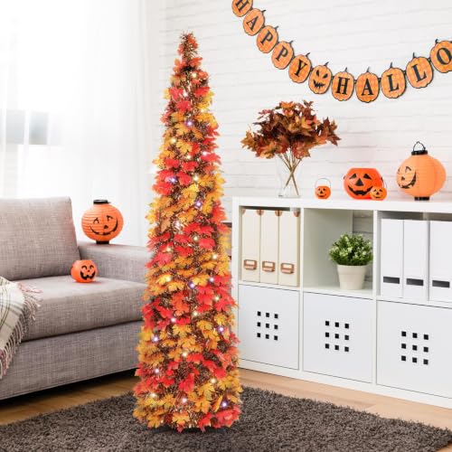 5FT Pre-Lit Fall Pop Up Tinsel Pencil Tree with Timer - Autumn Decor