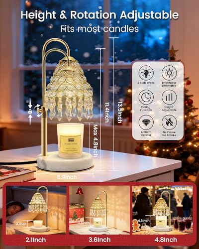 KISUFU Gold 2-in-1 Smart Crystal Candle Warmer Lamp with Timer - 50W Halogen + 5W Night Light, Adjustable Height