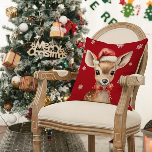 RLCMO Christmas Deer Hat Snowflake Throw Pillow Cover 18x18 Brown