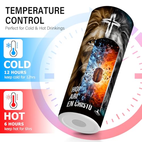 TUMBTU 20oz Christian Tumbler with Lion & Cross—Fueled by Faith, Spanish Bible Verses