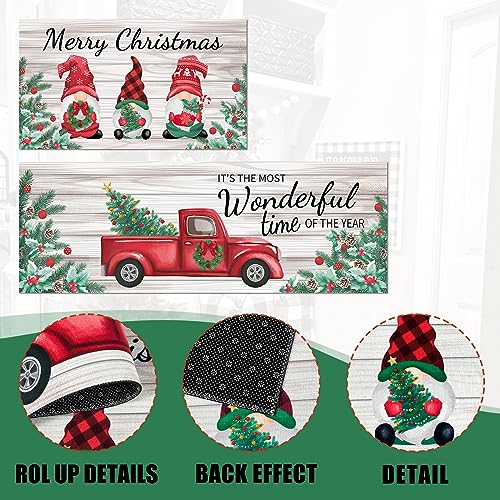Christmas Kitchen Rugs Set - Non-Slip Holiday Gnome and Truck Floor Mats, 2-Piece