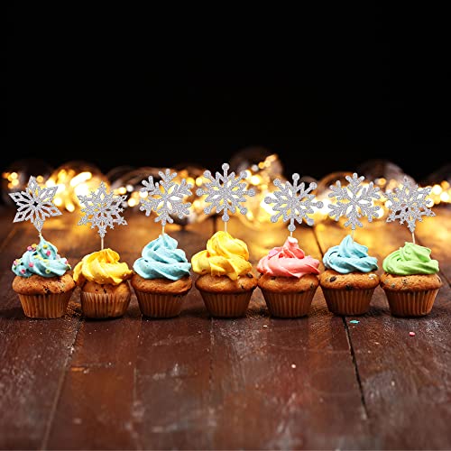 Ephlyn Silver Snowflake Cupcake Toppers 24Pcs Winter Wonderland Party Decorations