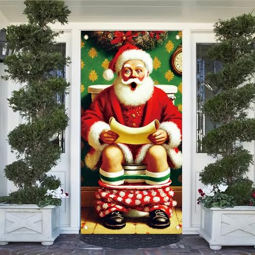 Funny Santa Bathroom Door Cover 71 x 35 in—Naughty List Scroll Christmas Banner for Xmas Party