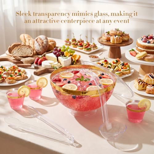 1.4 Gallon Plastic Punch Bowl Set with 25 Cups, Ladle, and Tongs - Gold Trim