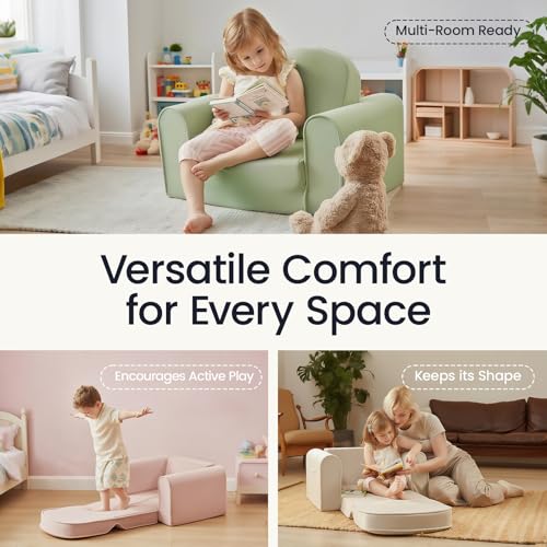 2-in-1 Foldable Kids Couch - Convertible Toddler Sofa Chair with Pocket, Green