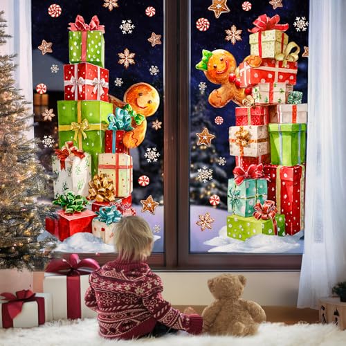 Pawliss 2-Pack Extra Large Window Clings Gift Boxes Gingerbread Man Snowflakes