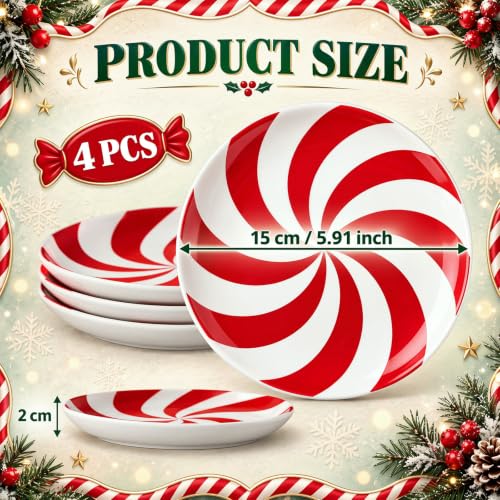 FillTouch Red & White Candy Cane Christmas Plates - 4 Pack Ceramic Serving Platters, 5.91 inches